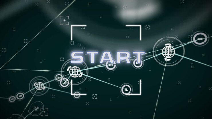 Animation of start text and network of connections on black background