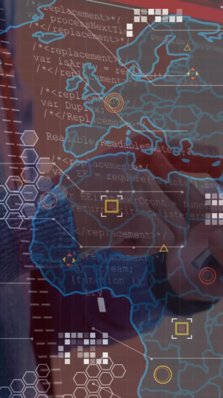 Animation of data processing over world map against mid section of man using smartphone