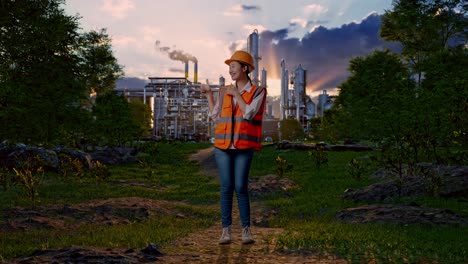 full body of asian female engineer with safety helmet smiling and pointing to side while standing in front of oil refinery