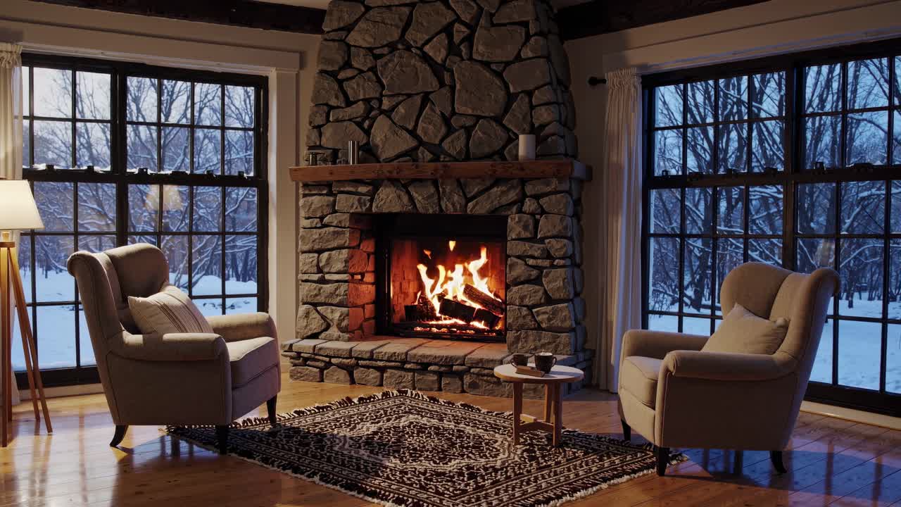 Cozy living room with stone fireplace, armchairs, and snowy view