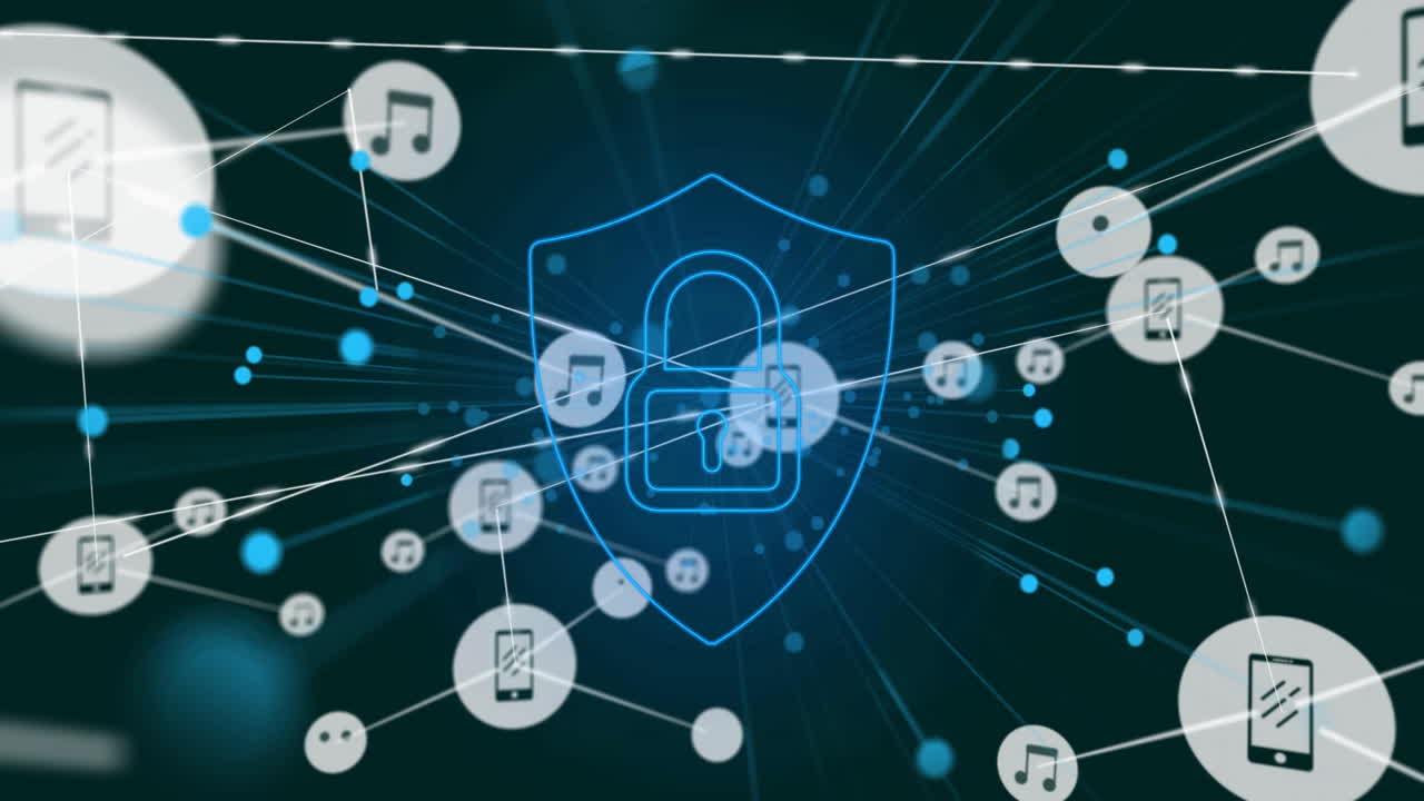 Lock and shield icon with connected media icons, cybersecurity animation