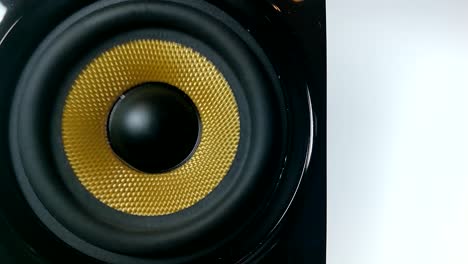 A-vibrating-membrane-on-Isolated-high-performance-black-and-golden-audio-speaker,-Part-8,-STILL,-SLOMO