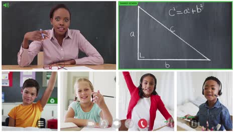 Animation-of-six-screens-of-diverse-children,-teacher-and-chalkboard-during-online-maths-lesson