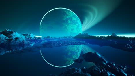 alien mystery planet reflection in big sea or lake surrounded by mountain landscape. fantasy alien view with moon like unfamiliar celestial object reflecting over water covered in hazy fog.