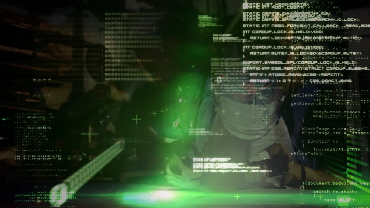 Male welder operating welding torch in industrial workshop, with bright green arc and code overlays