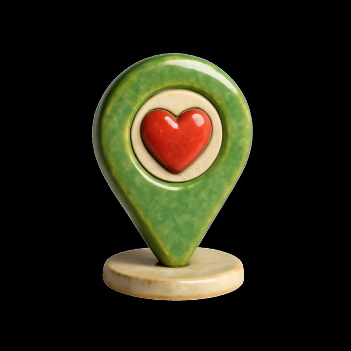 Icona 3D rotante di segnaposto verde sulla mappa con cuore rosso