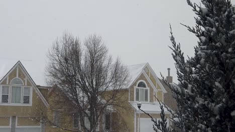 Slow-motion-snow-falling-in-front-of-a-yellow-house