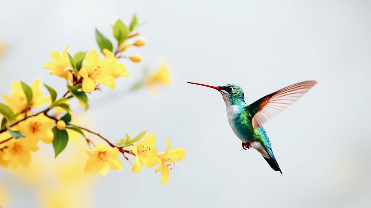 Hummingbird in Flight Among Yellow Flowers