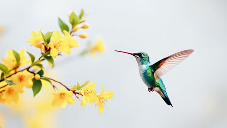 hummingbird in flight among yellow flowers