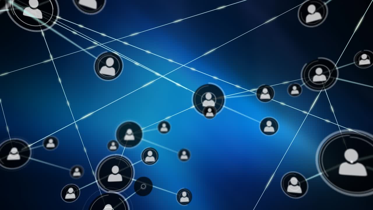 Animation of network of profile icons against blue background