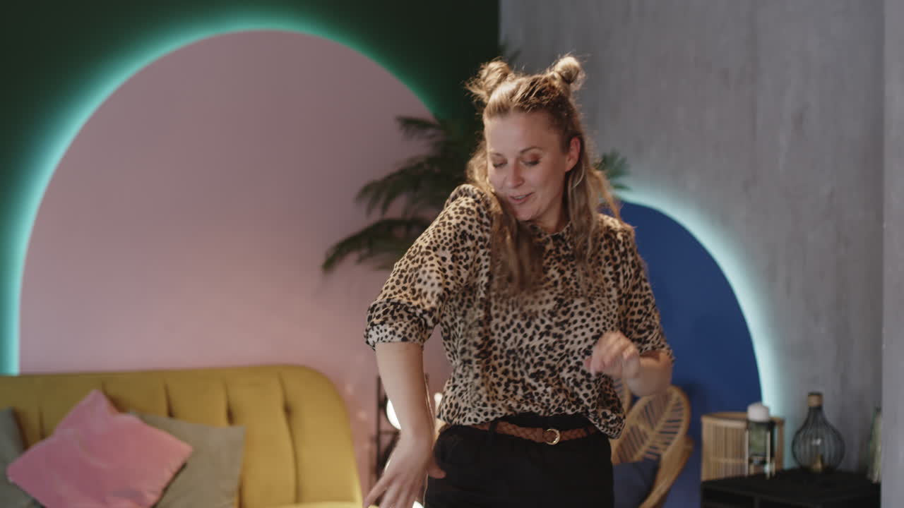 Woman Dancing in a Colorful Living Room