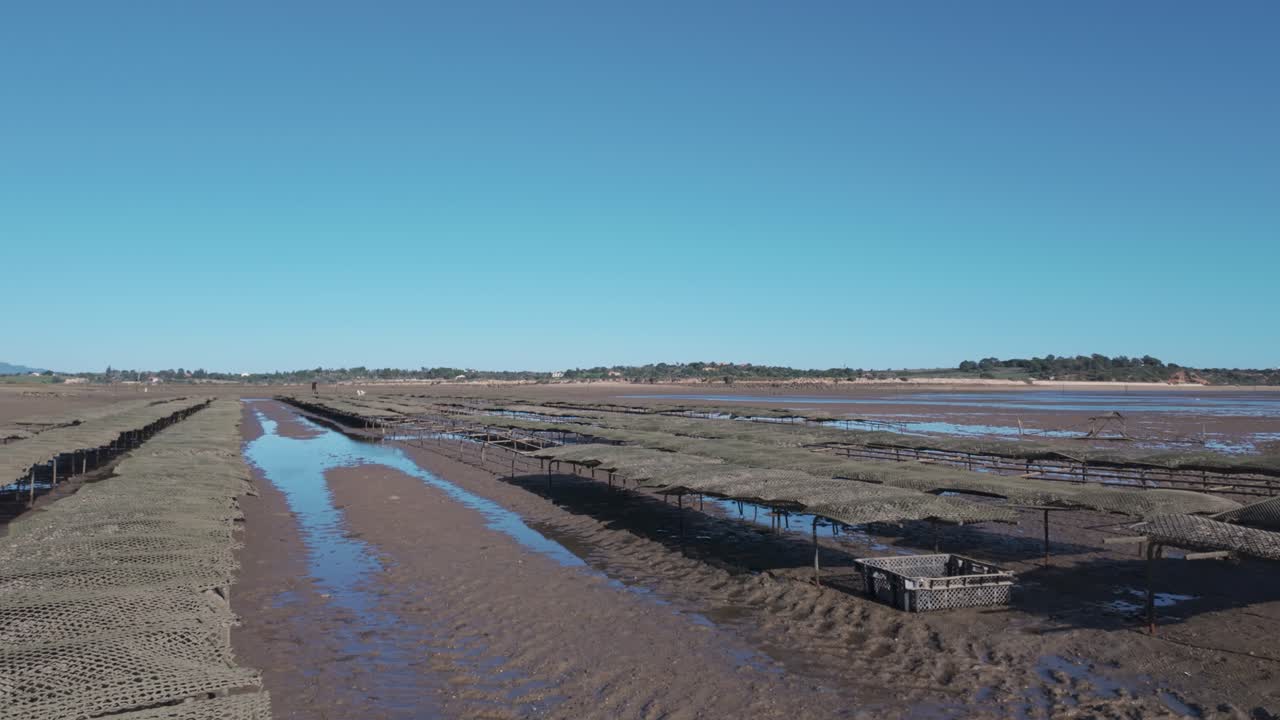 una granja de ostras en marea baja en portugal con cielos despejados y aguas poco profundas