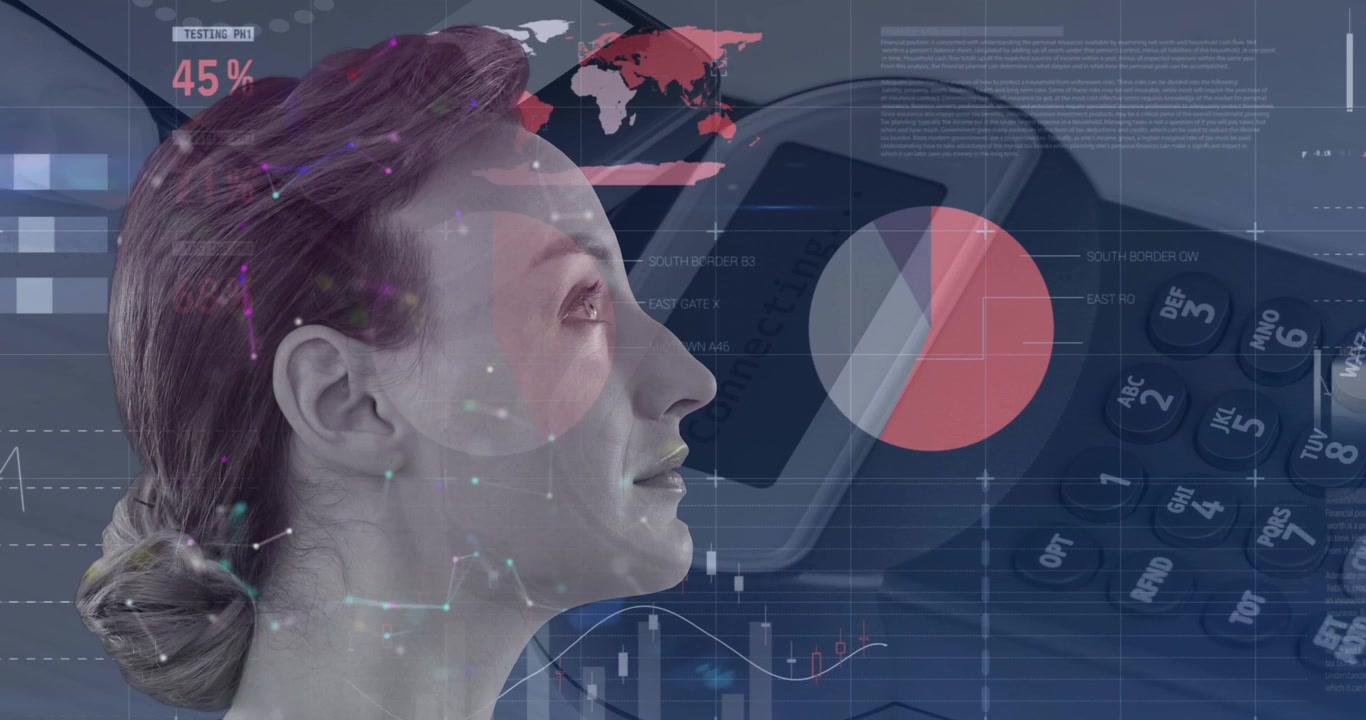 Animation of data processing over calculator and caucasian woman