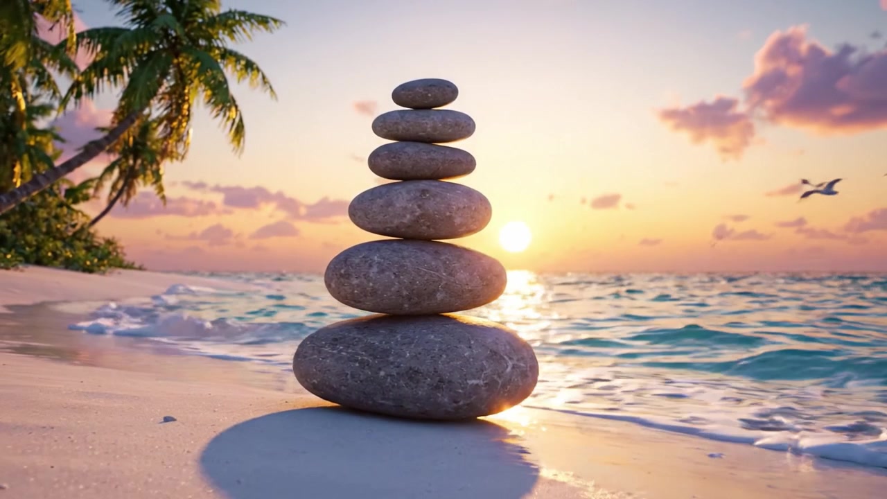 Un tramonto sereno sulla spiaggia: Una pila di pietre perfettamente bilanciate che riflette tranquillità mentre le onde si infrangono dolcemente sulla riva tra rigogliose palme