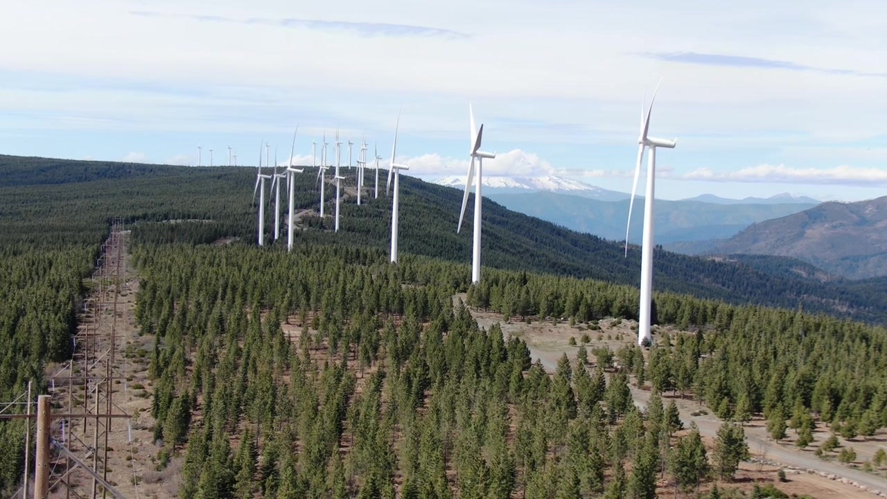 Rows of wind turbines spin on a forested ridge with distant mountains. Ideal for renewable energy projects or environmental documentaries.