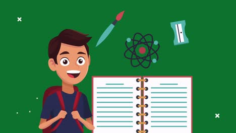 animación de regreso a la escuela con un escolar y un cuaderno