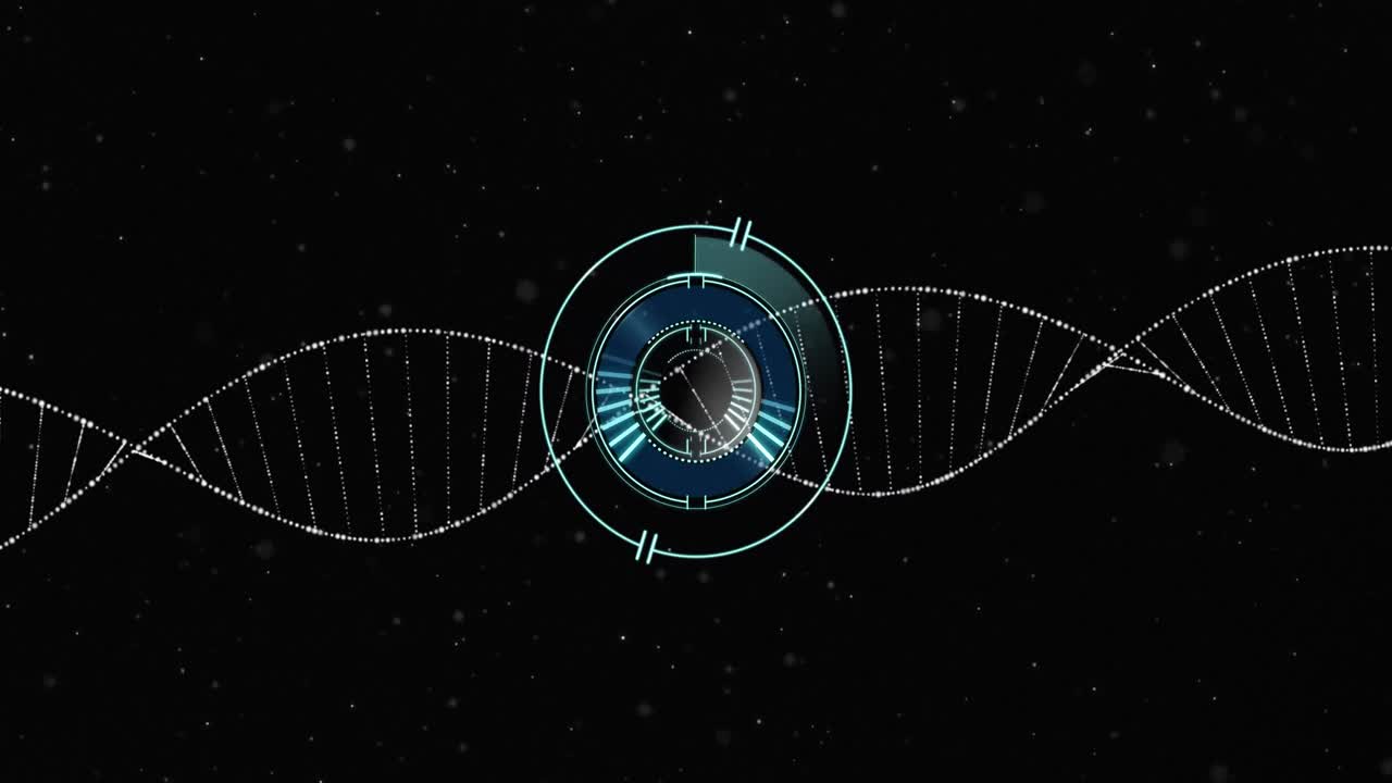 검은색 바탕에 있는 dna 가닥 위의 스 ⁇  스캐닝의 애니메이션