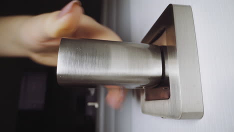 slim woman turns stylish handle to open door of restroom