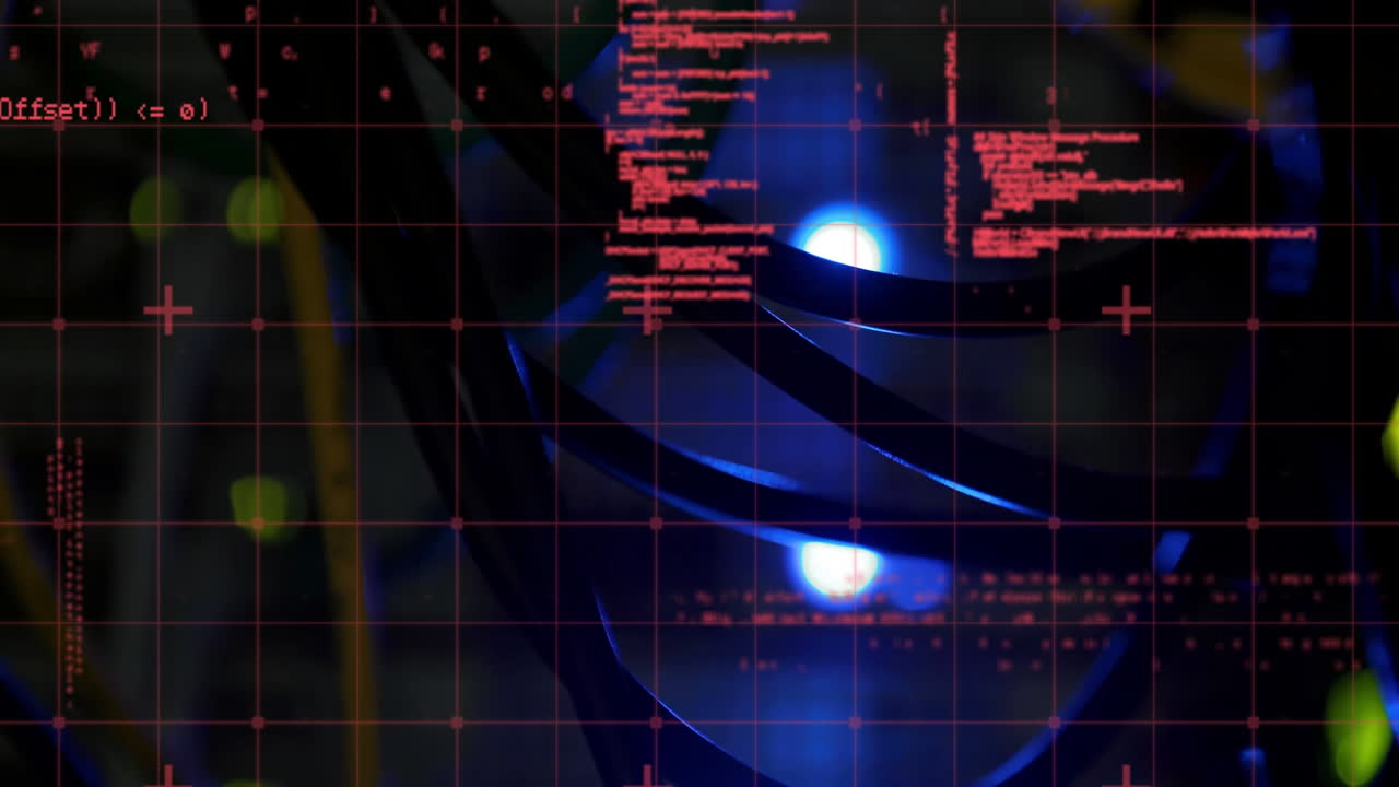 Animation of data processing over close up of computer server