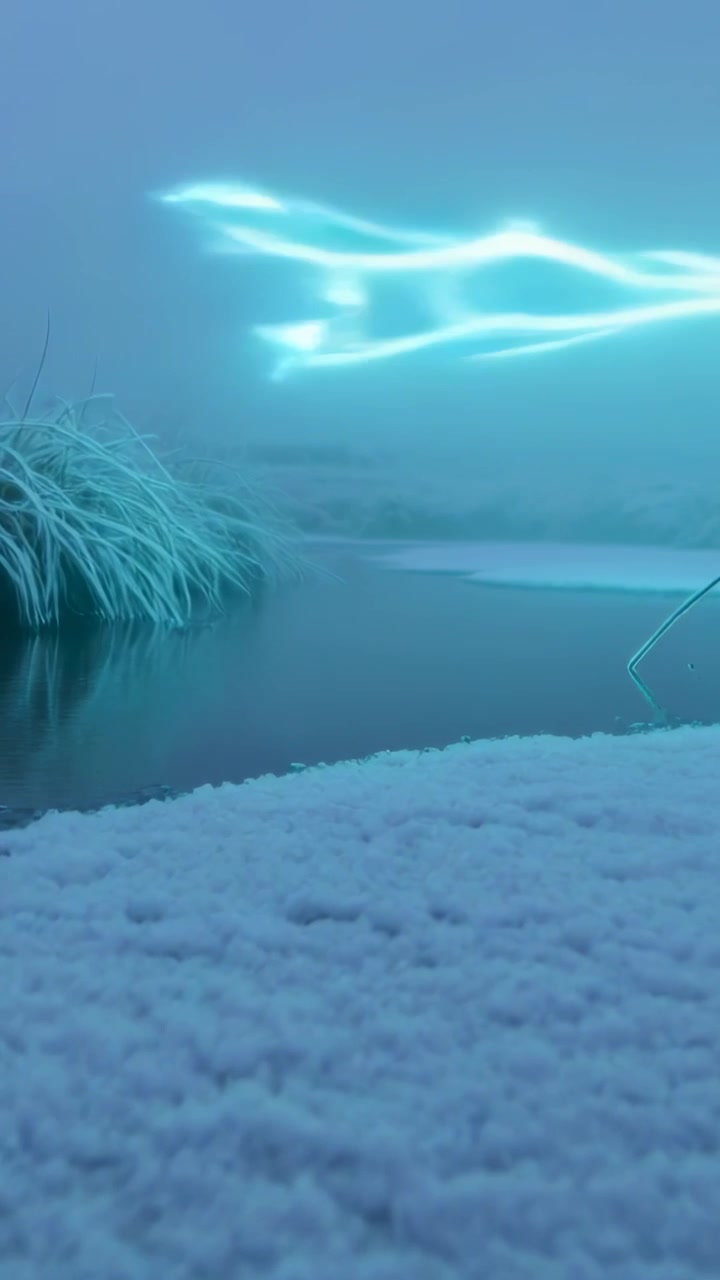 Vertical video: Entering cyan streak waving breaking and fading over pond, lighting snow and stake