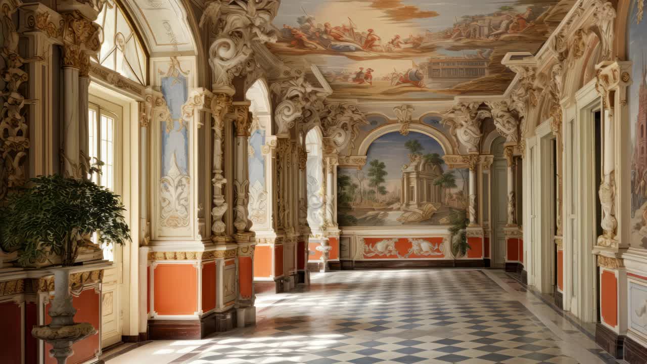 Elegant baroque hallway with ornate details and frescoes, captured from a low angle