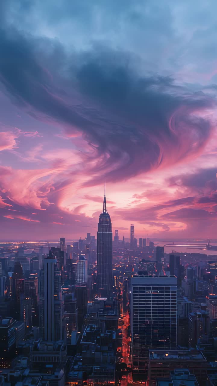 Vídeo vertical: câmera com zoom revelando a torre sobre o pôr do sol no centro da cidade, com luzes gradualmente mais fortes e brilhantes