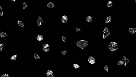 falling shining diamonds 3d render on black isolated background with luma matte, seamless loop 4k cg animation