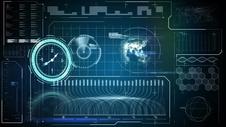Animation of neon ticking clock over spinning globe and digital interface with data processing