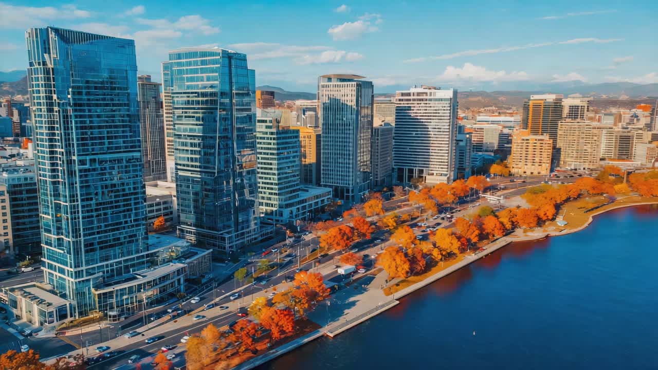 Vibrant Autumn Cityscape with Modern Buildings and Waterfront
