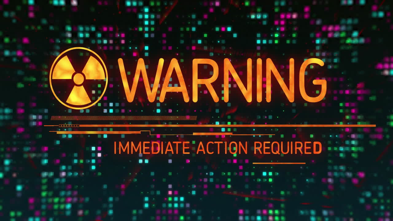 advertencia y acción inmediata requerida animación de texto sobre fondo de cuadrícula digital