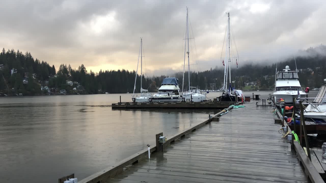 Boats moored at Deep Cove in cloudy afternoon with forest, long shot