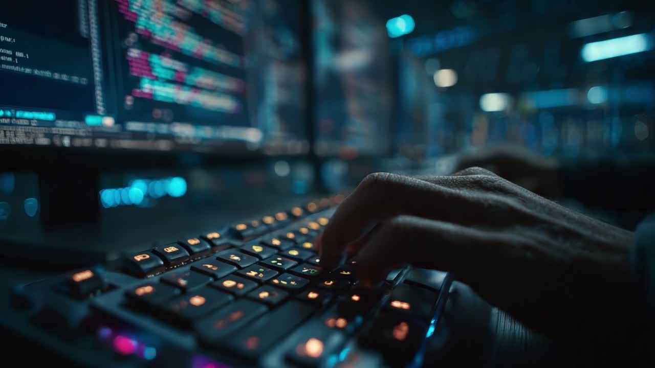A Close-Up View of a Programmer's Hands Typing Code on a Modern Keyboard Surrounded by High-Tech Screens Displaying Colorful Programming Languages in a Dark Environment