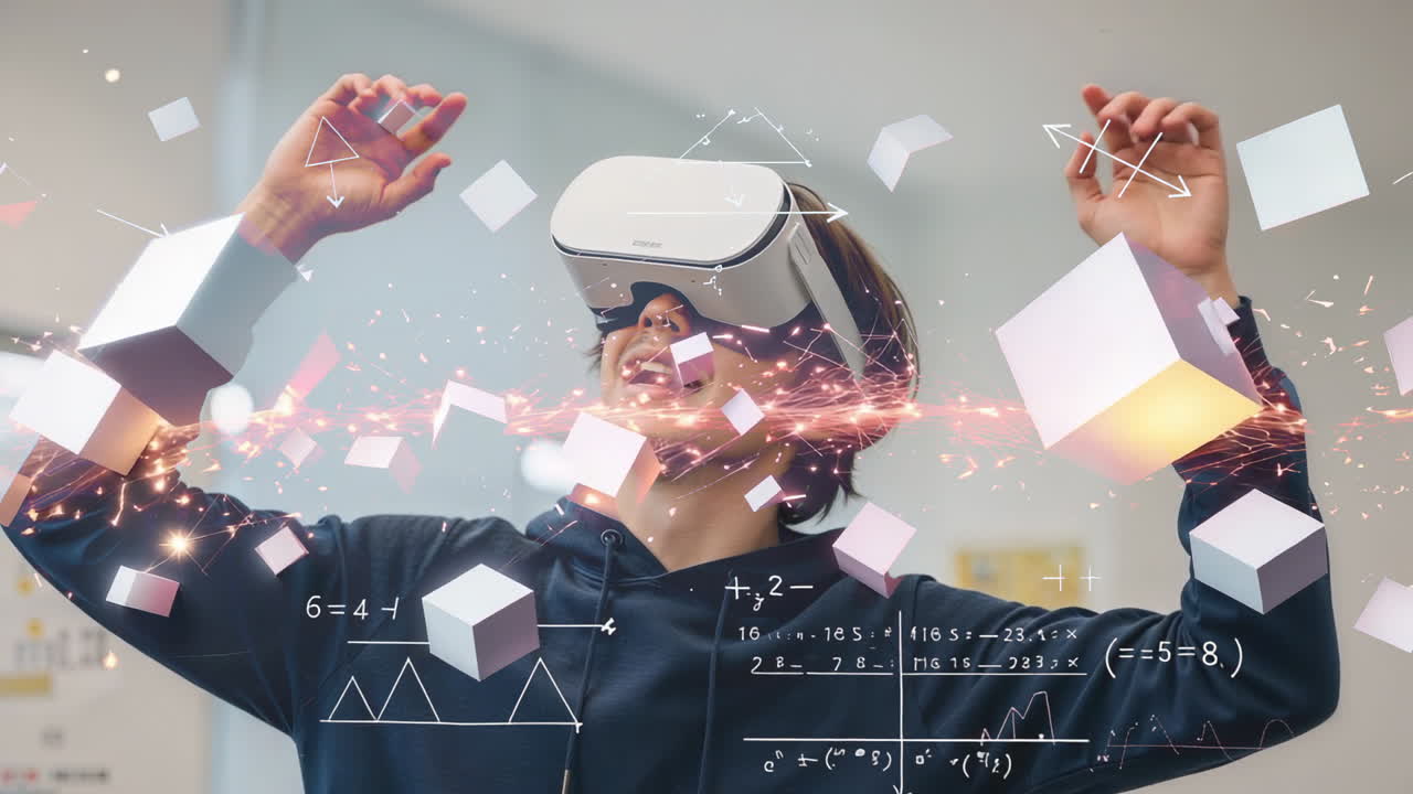 Person wearing VR headset interacting with virtual elements