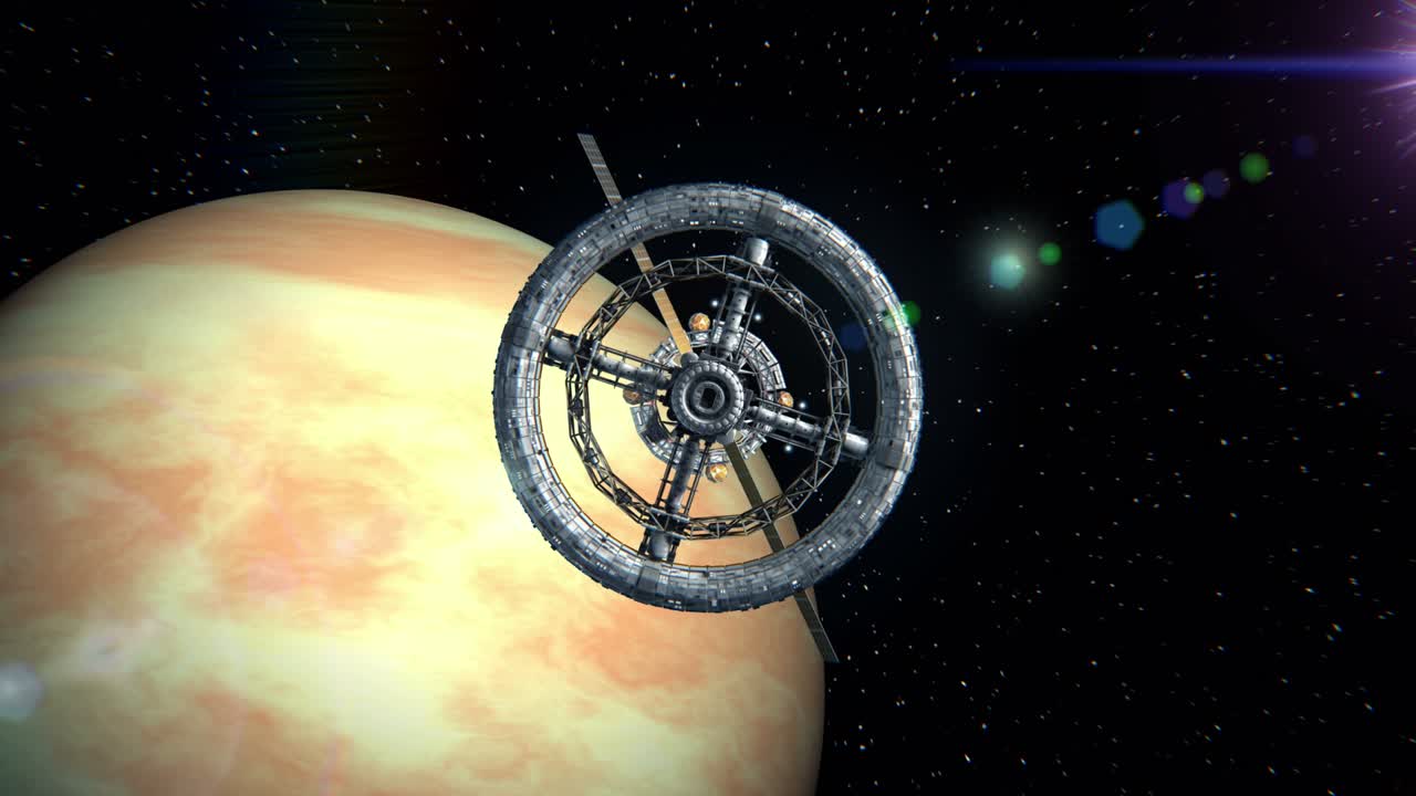 venus en el fondo. vuelo a través de las puertas de la estación espacial de ciencia ficción, pantalla verde, animación 3d. la textura del planeta fue creada en el editor gráfico sin fotos y otras imágenes.