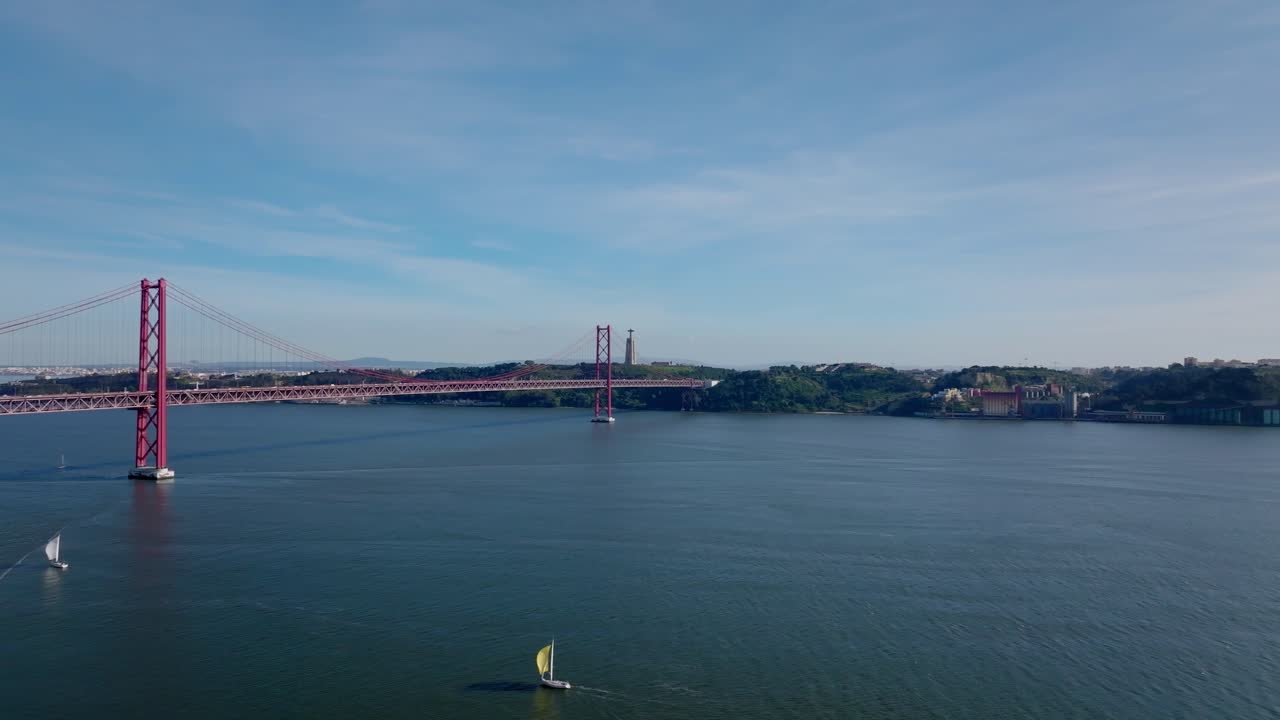 Static drone shot of some sail boats in River Tejo (Lisbon).