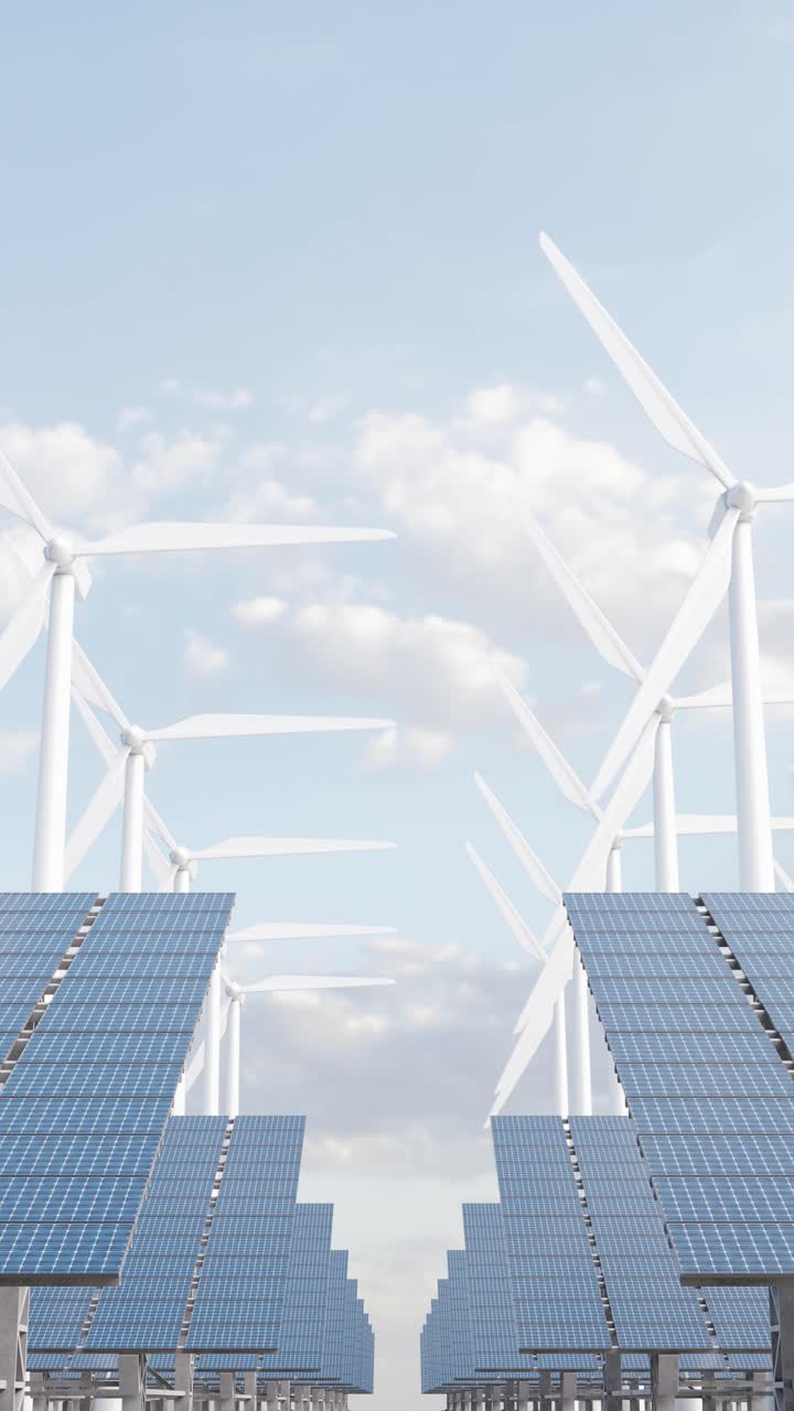 Solar panels and wind turbines rotating under blue sky. Vertical animation