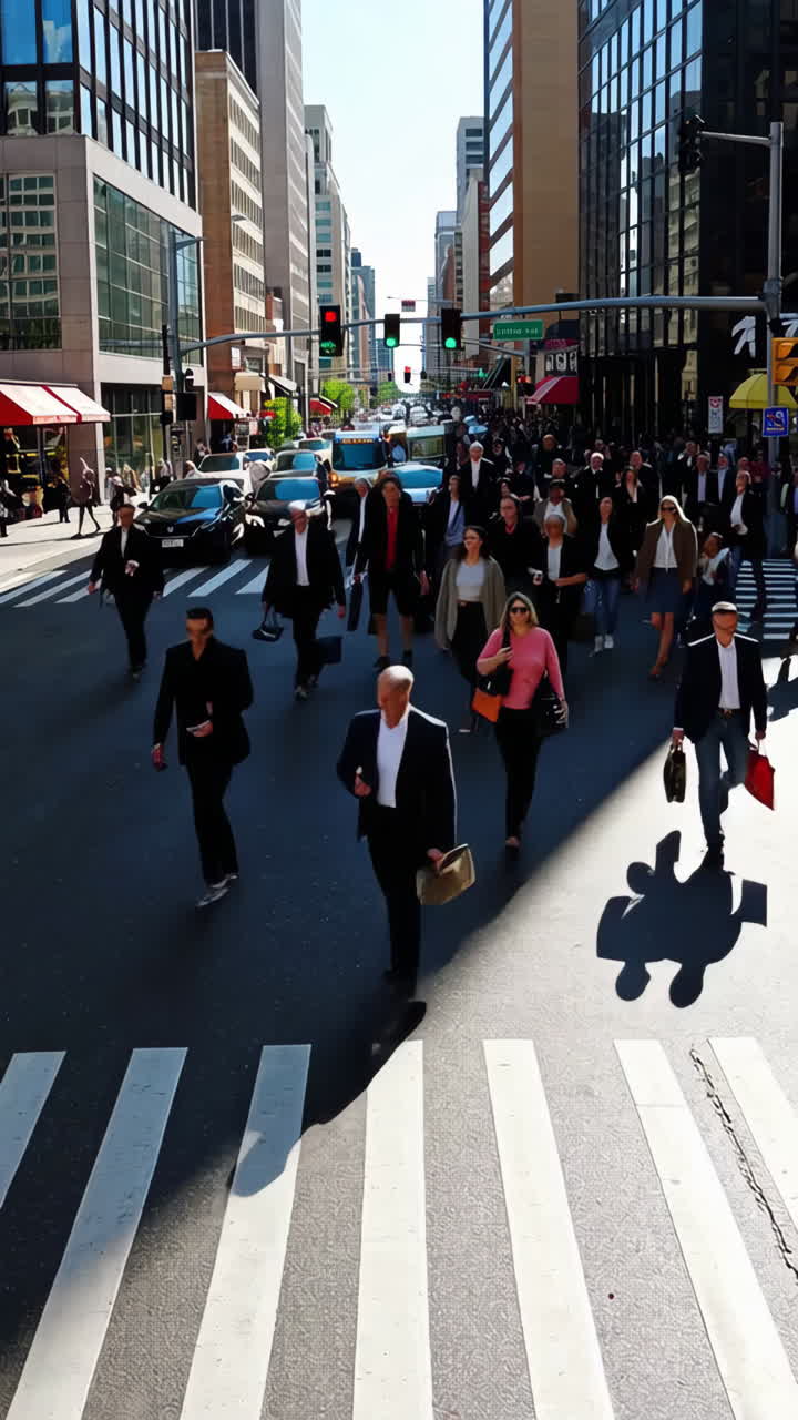 Busy City Street Intersection with Pedestrians