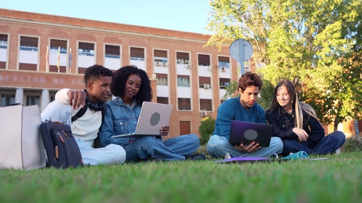 Students Studying on Campus Lawn