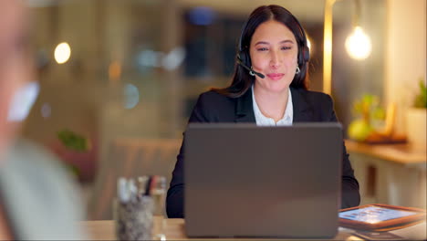 call center, laptop and woman at night in office