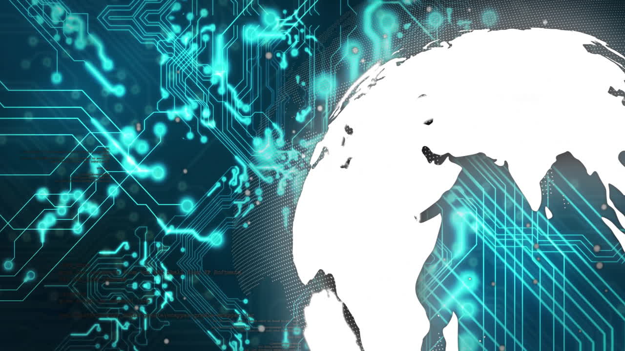 Digital circuit board and globe, global technology network animation