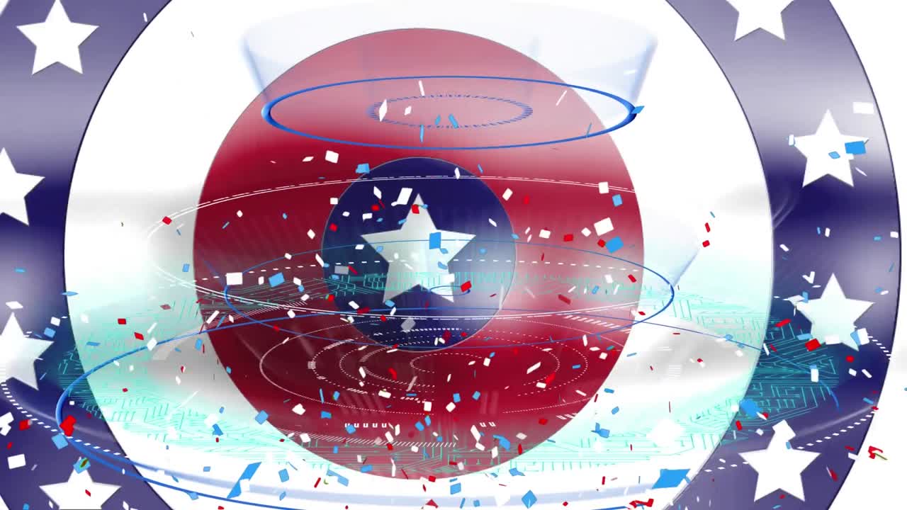 ⁇  배경 에 회전 하는 원 에 있는 별 들 위 에 떨어지는 둥근 스캐너 와 콘페티