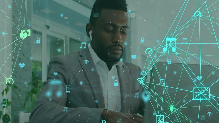 Globe of network of connections against african american man using laptop