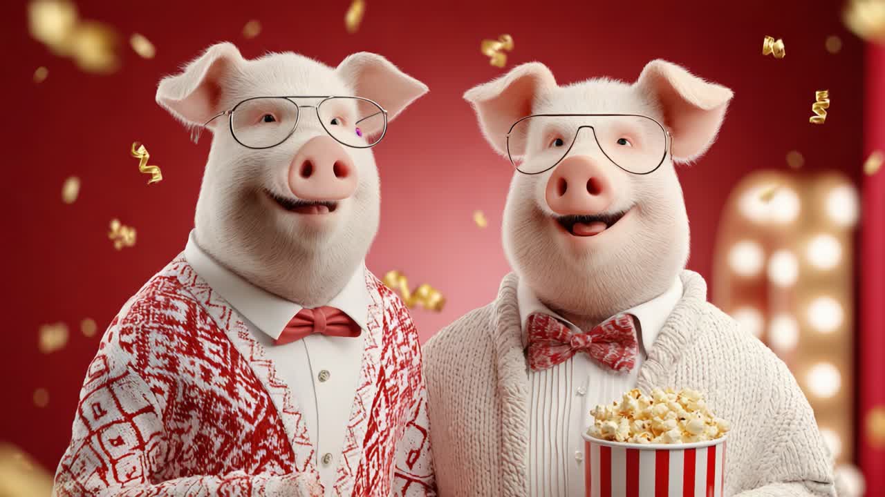 Cheerful Animated Pigs Enjoying Movie Time with Popcorn: A Fun and Festive Scene Featuring Two Stylish Pigs Dressed in Cozy Attire Against a Red Background
