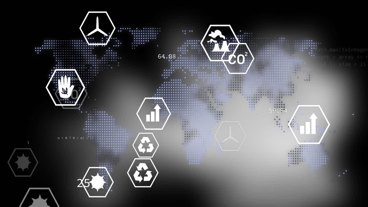 animación de múltiples iconos digitales y procesamiento de datos sobre el mapa del mundo en un fondo de gradiente gris