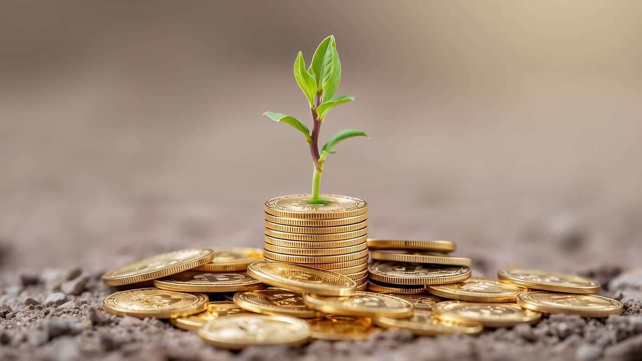 Revealing sprout growing from gold coin stack on gravel via low-angle close-up, loose coins