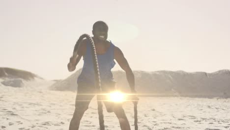 Animation-of-glowing-lights-over-an-exercising-african-american-man