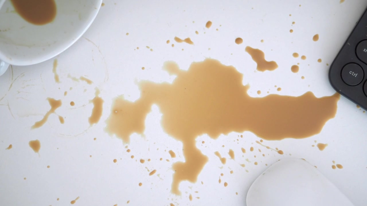 Sølt kaffe på hvitt skrivebord ved siden av tastatur og mus