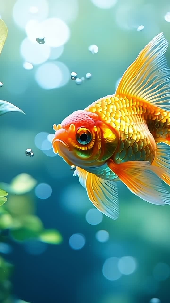 Goldfish swimming in a serene aquarium. A vibrant goldfish glides gracefully among lush green plants, creating a tranquil atmosphere in the aquarium.