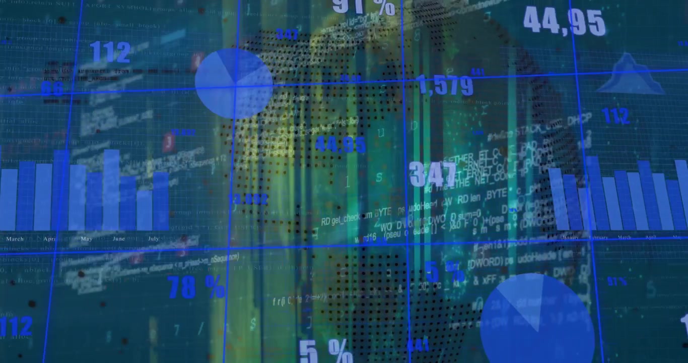 Animation of financial data processing over dark background