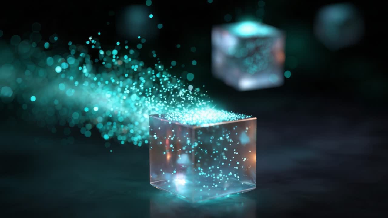 A Captivating Display of Light and Motion with Sparkling Particles Emanating from Glass Cubes in an Enchanting Digital Environment
